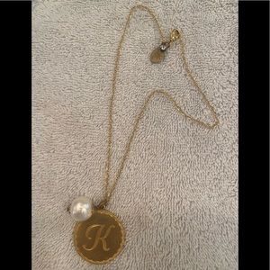 15” gold necklace with faux pearl and “K” charms.